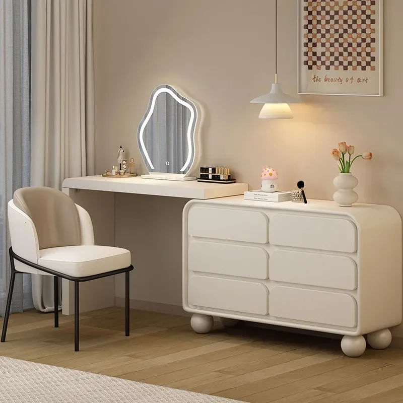Light Luxury Cream Style Solid Wood Dresser Chest Cabinet Integrated Storage Modern Simple Retractable Corner Makeup Table