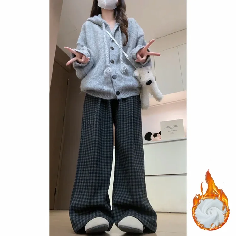 กางเกงขายาวลายสก็อตผ้าวูลสไตล์เกาหลีย้อนยุคสำหรับผู้หญิง ฤดูใบไม้ร่วง ฤดูหนาว ผ้าหนา อุ่น ทรงขากว้าง เอวสูง ยางยืด สวมใส่สบาย