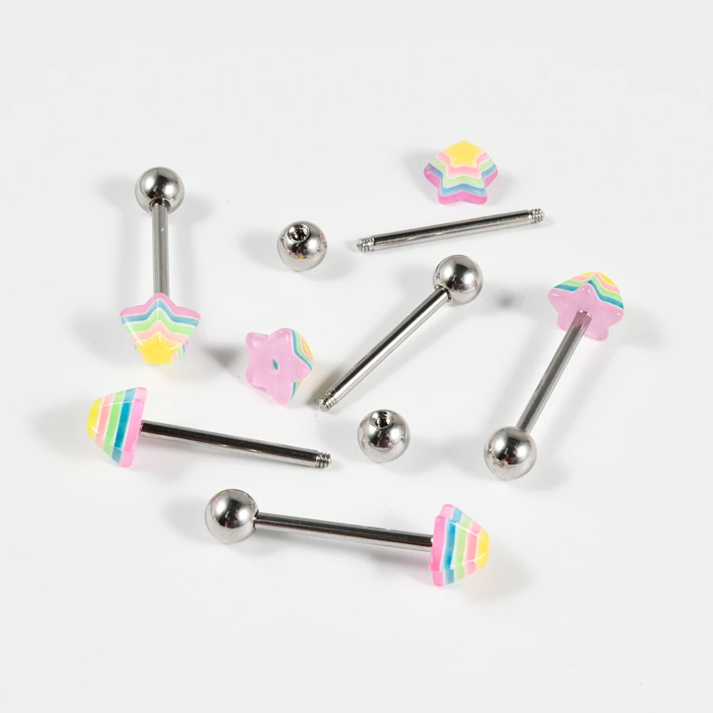 1pcs Rainbow Pyramid Conical Star Tongue Rings Stainless Steel Multicolor Tongue Studs Barbell Piercing Body Jewelry 14G