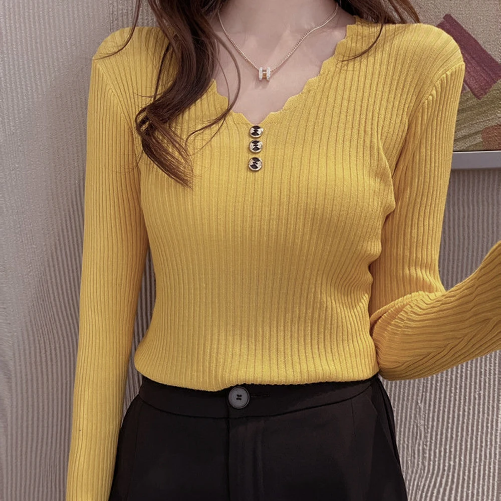 Button V Neck T Shirt Pullover Sweater Women S-2XL Black White Green Blue Purple Wine Knit Full Sleeve Jumper Soft Elastic Tops