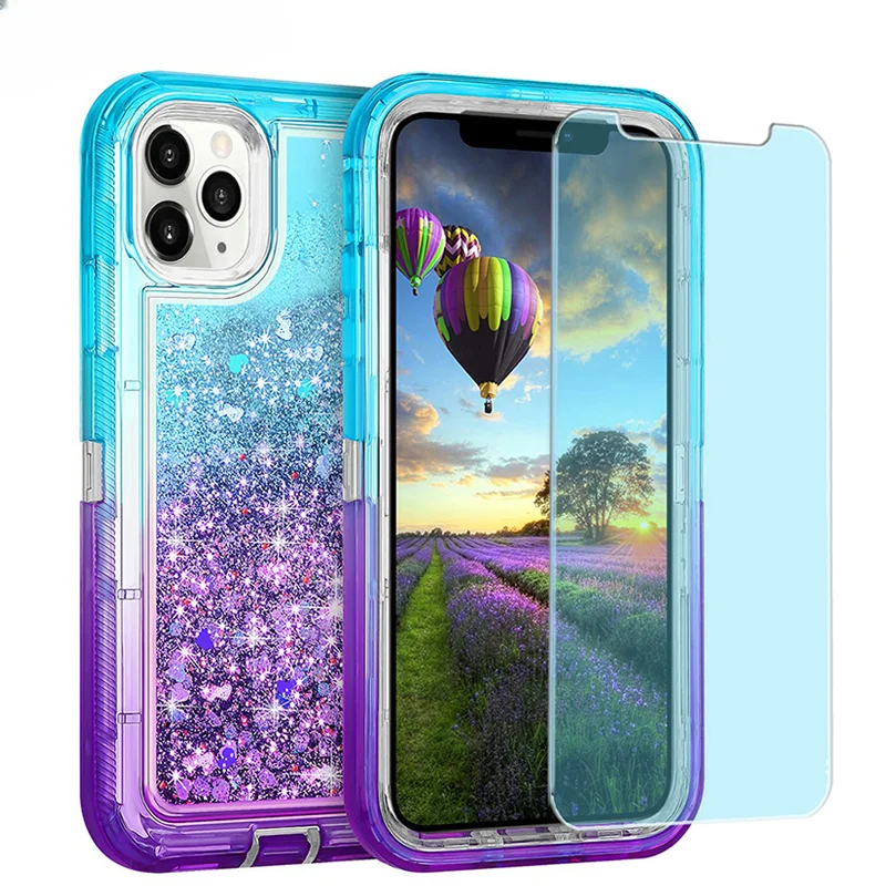 Glitter Dynamic Liquid Quicksand Case for iPhone 15 12 11 13Pro Max X XR 8 7 6 14 Plus Cover Shockproof Armor Phone Cases + Film