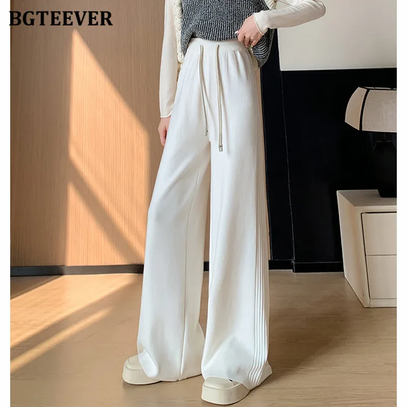 BGTEEVER Chic Casual Loose Floor-Length Women Solid Knitted Pants Fashion High Waist Lace-up Female Wide Leg Sweaters Trousers