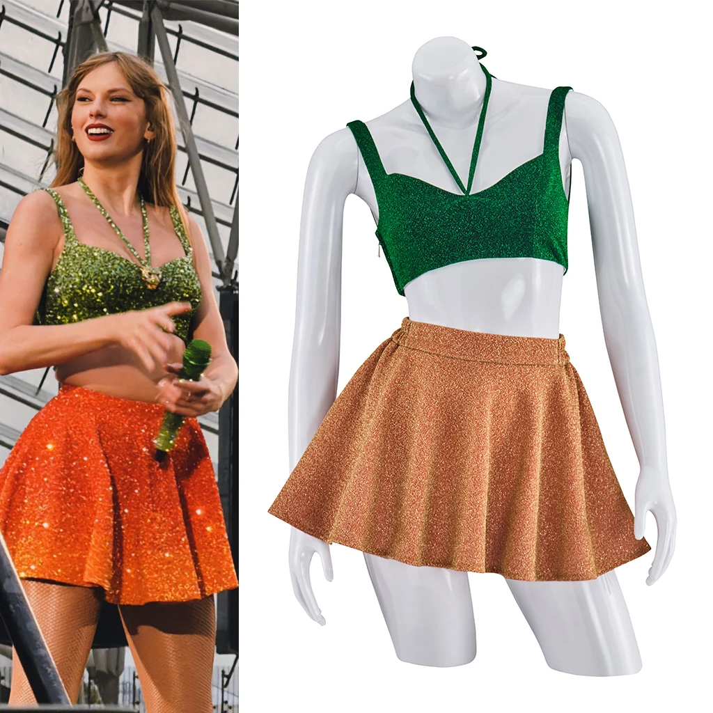 

Блестящий концертный наряд певицы, Дублинский сценический костюм для косплея, зеленый топ, оранжевые юбки, комплект, женская одежда для вечеринки на Хэллоуин, сценическая одежда