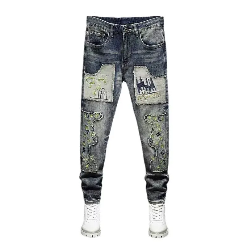 Streetwear Fashion Men Jeans Retro Washed Blue Stretch Slim Fit Embroidery Ripped Jeans Men Patched Designer Hip Hop Denim Pants