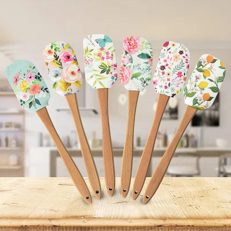 Non-stick Silicone Cookware with Wooden Handle Spatula Spoon Brush Sets Colorful Baking Kitchen Spatula Tools 30.5cm