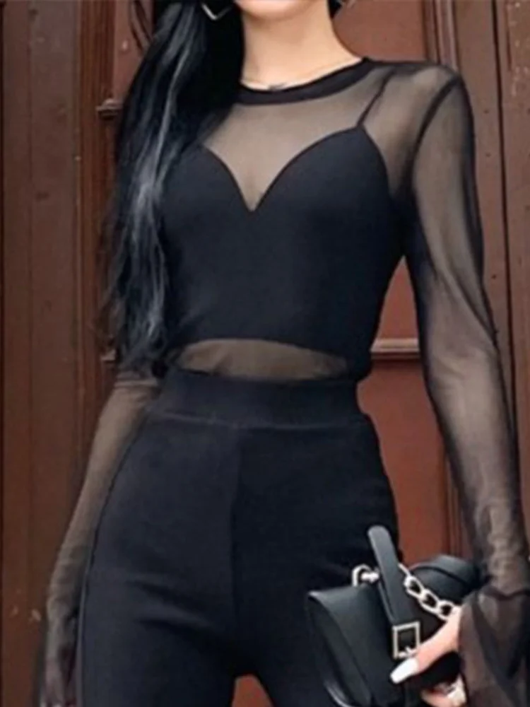 

Black Mesh Top Bottom Set Women's Fashion Spring Summer New Style Base Tank Strap Split Casual Pants Three-piece Set Polyeste...