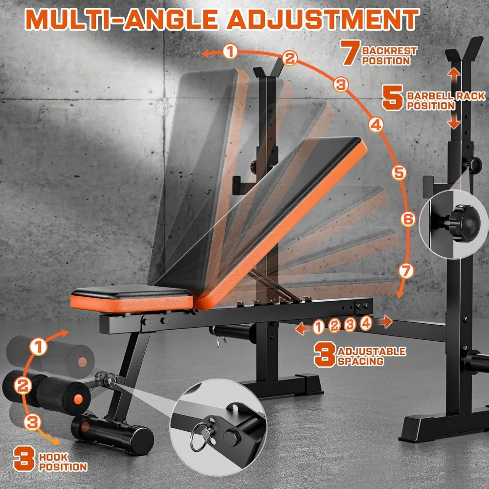 مقعد الوزن، مكبس مقعد 770 رطل مع رف القرفصاء، مقاعد وزن قابلة للتعديل لصالة الألعاب الرياضية المنزلية، مقعد تمرين بتصميم مبتكر