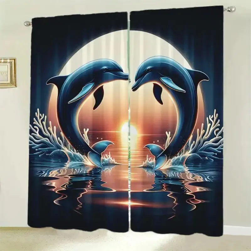 2 pieces - Dolphin Jump Print - Pole bag curtains, bedroom and kitchen decoration, home decoration, living room decoration