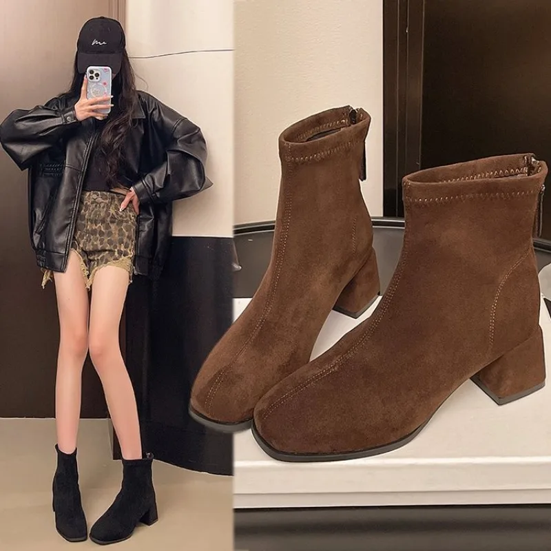 

New Women's Boots 2026 Winter Fashion Design Short Boots with Zippers on the Back Slim Low-heeled Nude Boots Plus Size 41 42