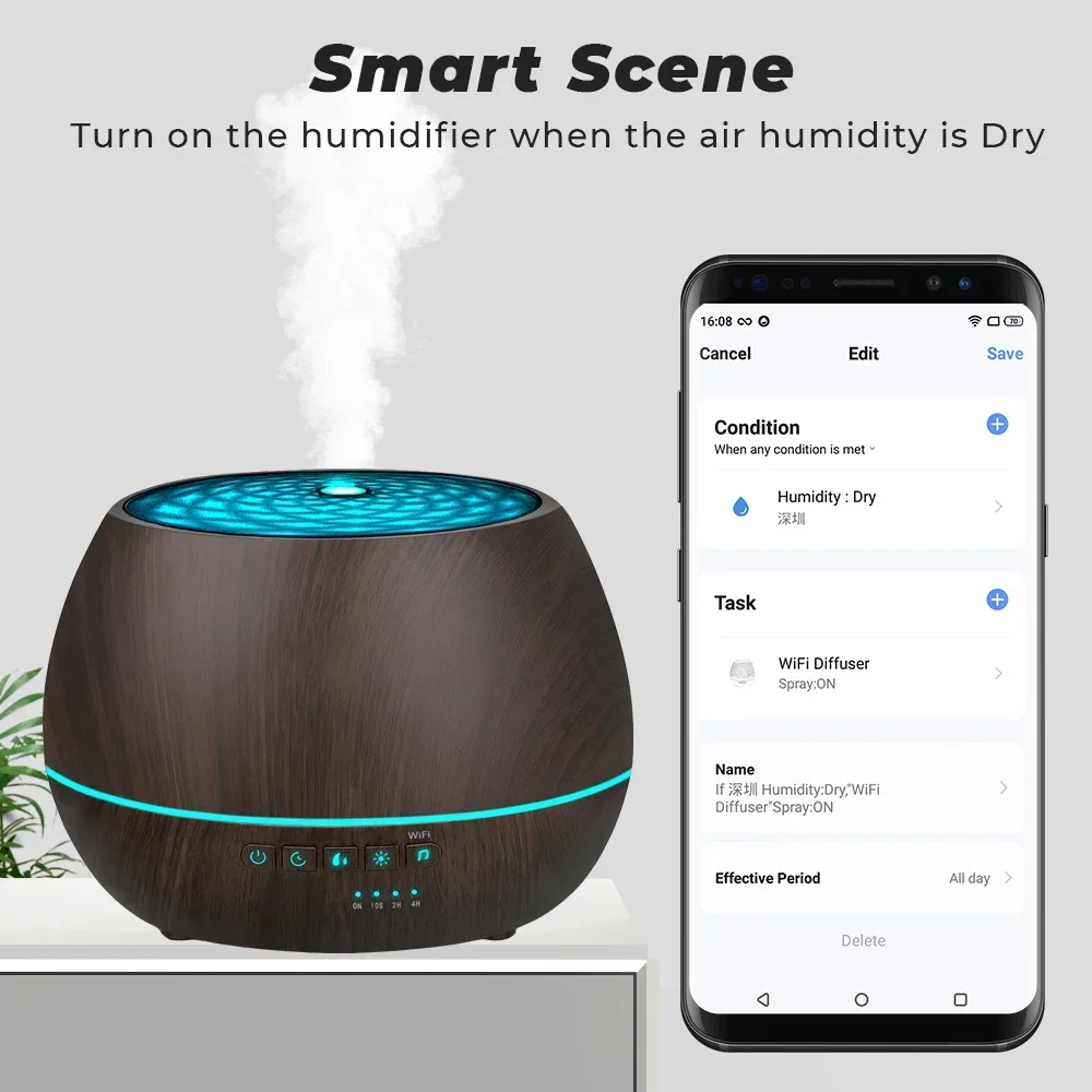 

WiFi Humidifier Aromatherapy Essential Oil Diffuser 500mL Color LED Night Light Work Alexa Google Home Ozone