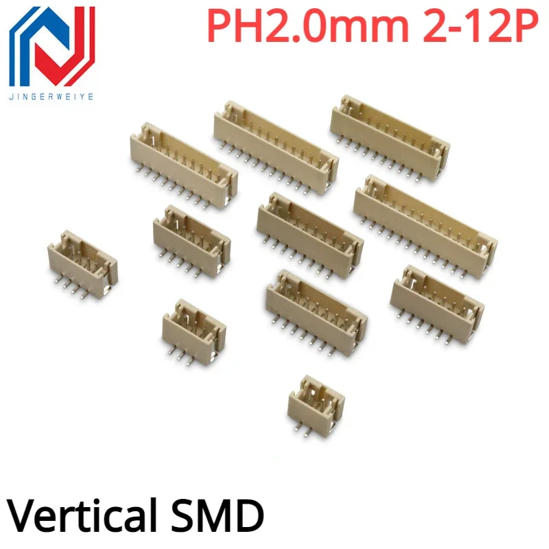 20PCs Vertical SMD PH2.0mm Pitch 2.0mm Vertical Patch Socket 2P/3P/4P/5P/6P/7p-12p Terminal Connector Plug