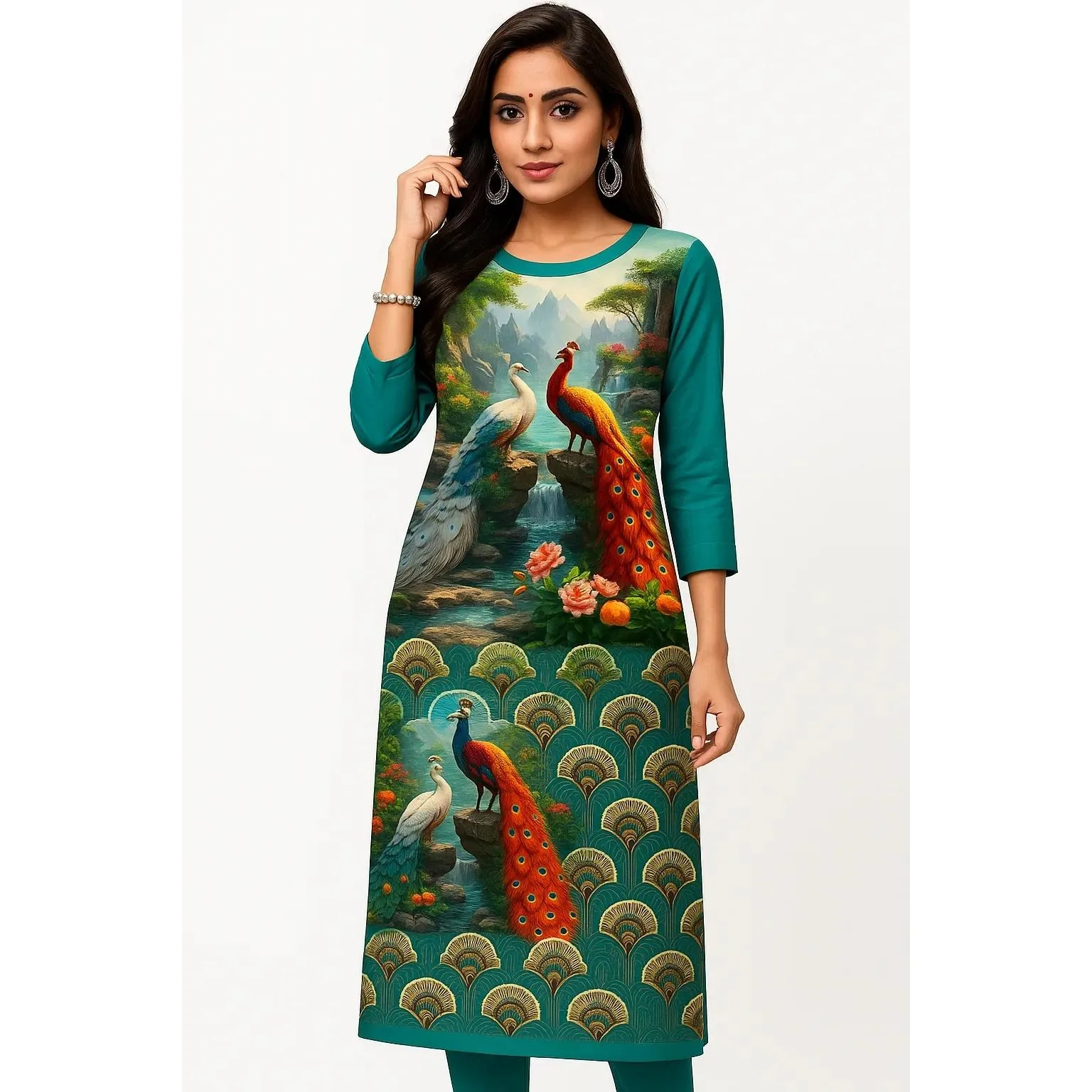 무슬림 드레스 쿠르트 여성용 패셔너블하고 우아한 스트레이트 튜브 캐주얼 공작색 코끼리 무늬 아바야 여성 두바이 슬릿 헴