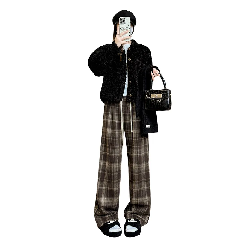2025 Plaid Pants Children's Autumn Winter New Retro Lazy Mopping Straight-leg Pants High-waisted Woolen Wide-leg Fleece Pants