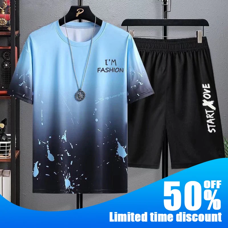 Traje deportivo para hombre, camiseta + Pantalones cortos, ropa de entrenamiento, conjunto de 2 piezas, ropa deportiva de manga corta con estampado