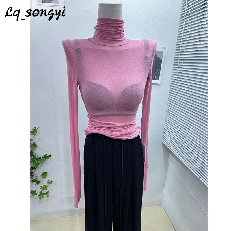 

Lq_songyi Women Turtleneck Top Slim See-through T Shirts Women Autumn Top Elastic Long Sleeve Basic Solid Thin Sexy T Shirt