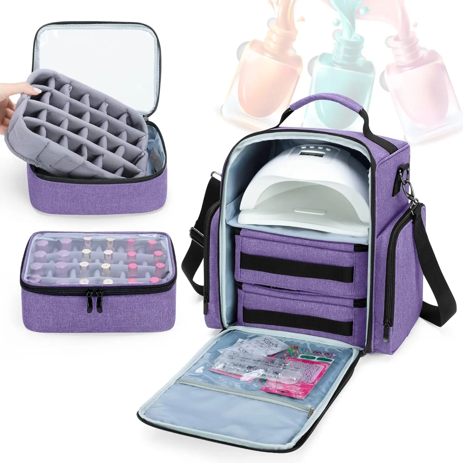 Grande organizer per smalti per unghie può contenere 48 bottiglie e lampada, 2 buste rimovibili, più sezioni di archiviazione - Viola