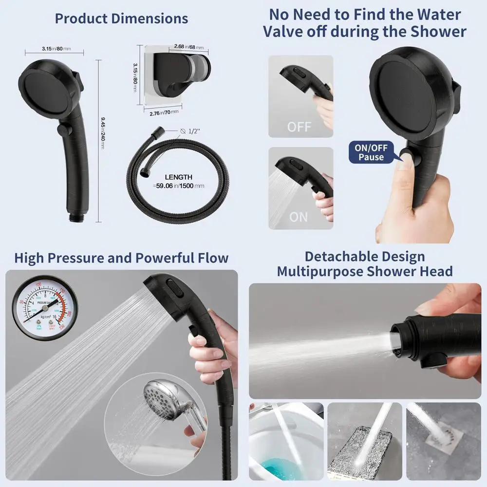 

Ручная насадка для душа из масляной бронзы с паузой, 3 режимами, экономитнием воды, шлангом и держателем для кемпинга на колесах