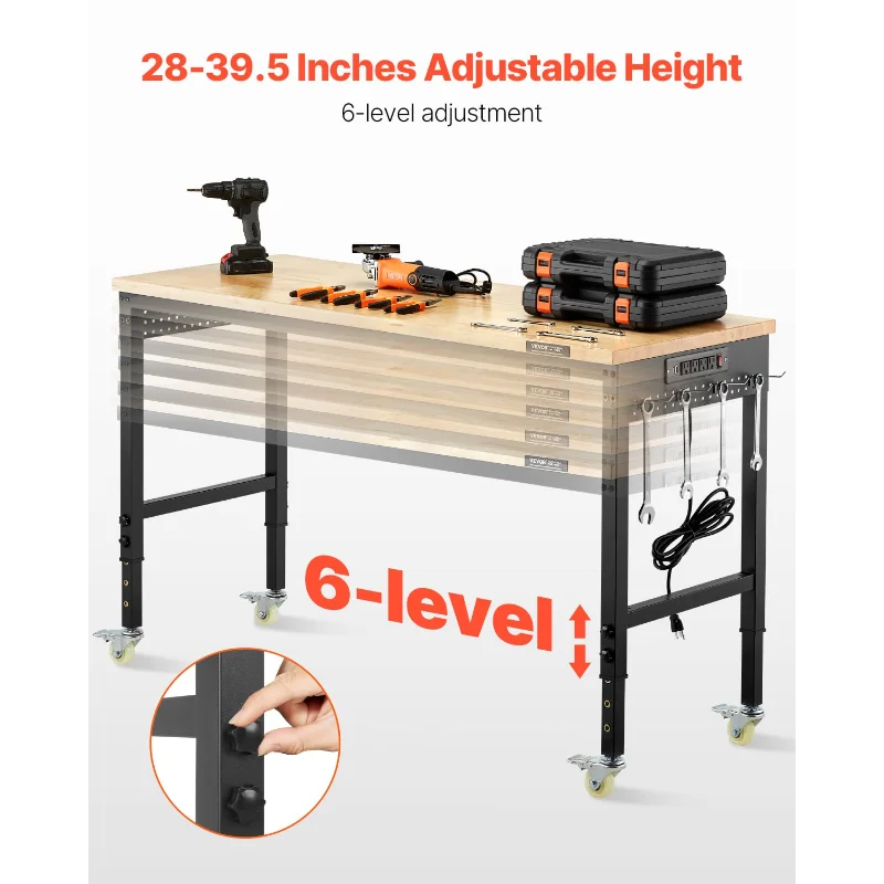 VEVOR Bancada de trabalho ajustável de 60 polegadas, carga de 2.000 libras, banco de trabalho com tomada de energia, rodas e pegboard, madeira de carvalho resistente