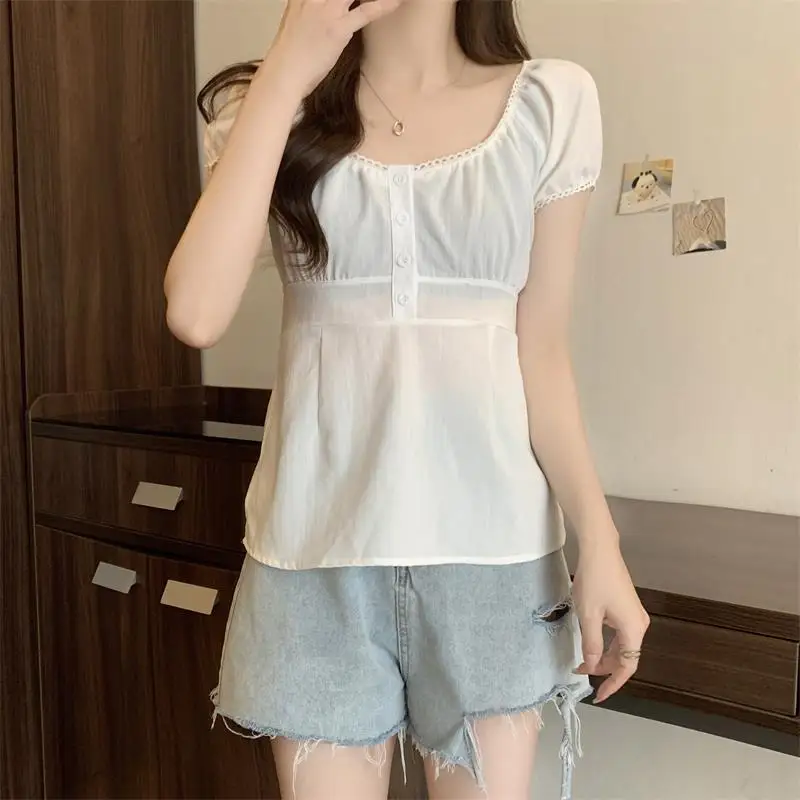 Vintage Lace Trim Crop Top Women Short Sleeve Top White 2000s Clothing Streetwear y2k Summer Korean Fashion Blouse Shirts Casual