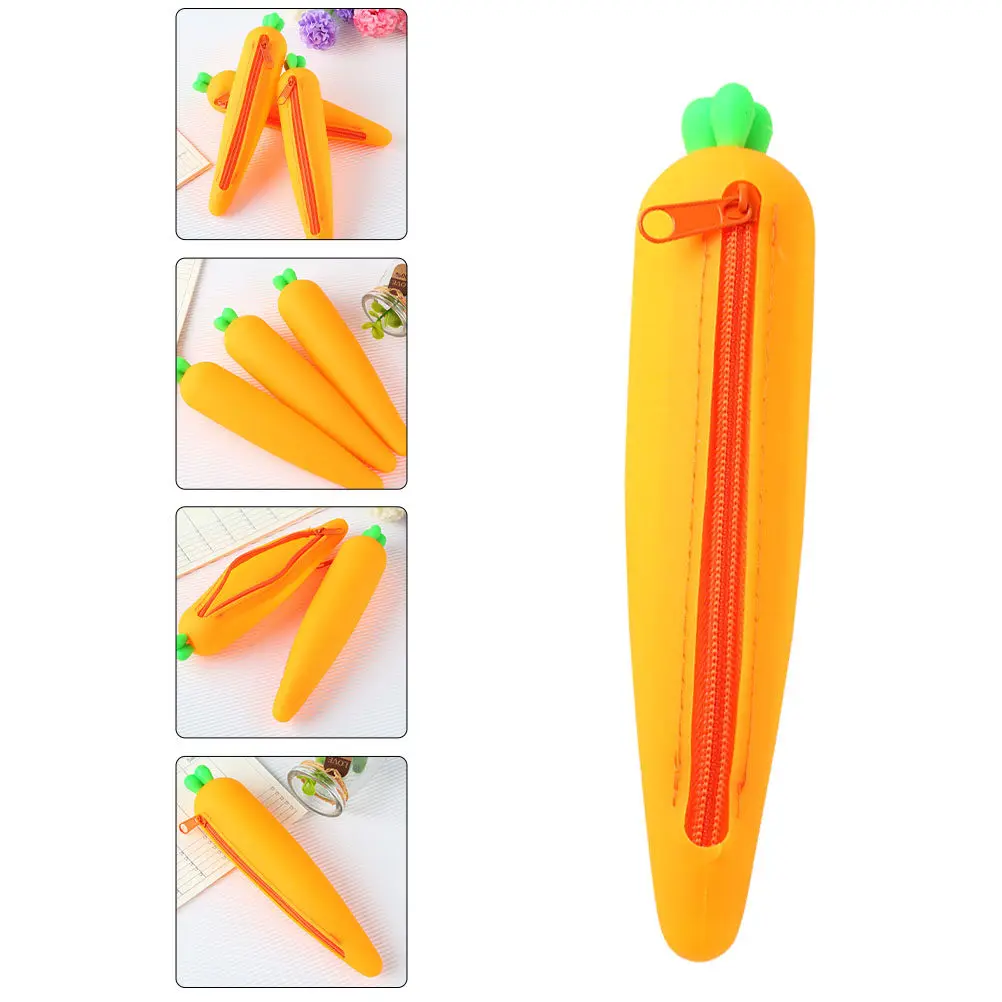 1Pcs Carrot Shaped Silicone Pencil Case Student Stationery Bag Roomy Pencil Pouch with True Color Shape Easy Clean Waterproof