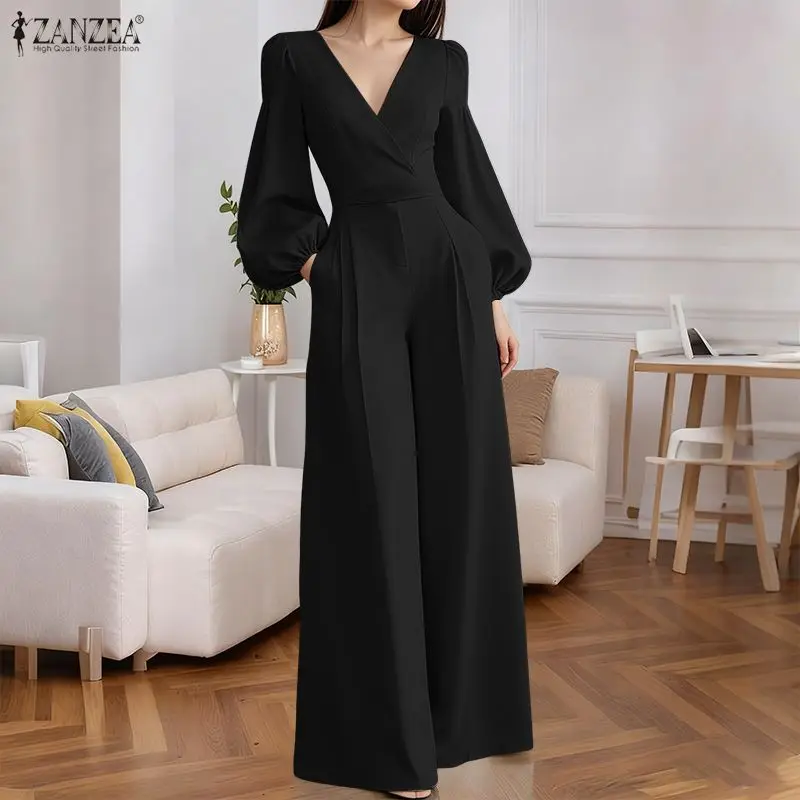 

Women Jumpsuits Summer Spring ZANZEA V Neck Elegant OL Work Party Wide Leg Pants Playsuits Elegant OL Work Overalls Rompers