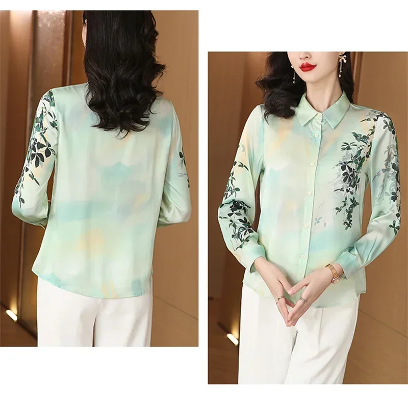 S-4XL Women Lace Up Print Elegant Shirts Spring Fall Office Lady Blouses Casual Long Sleeve Tops Blusa Mujer Moda 2024