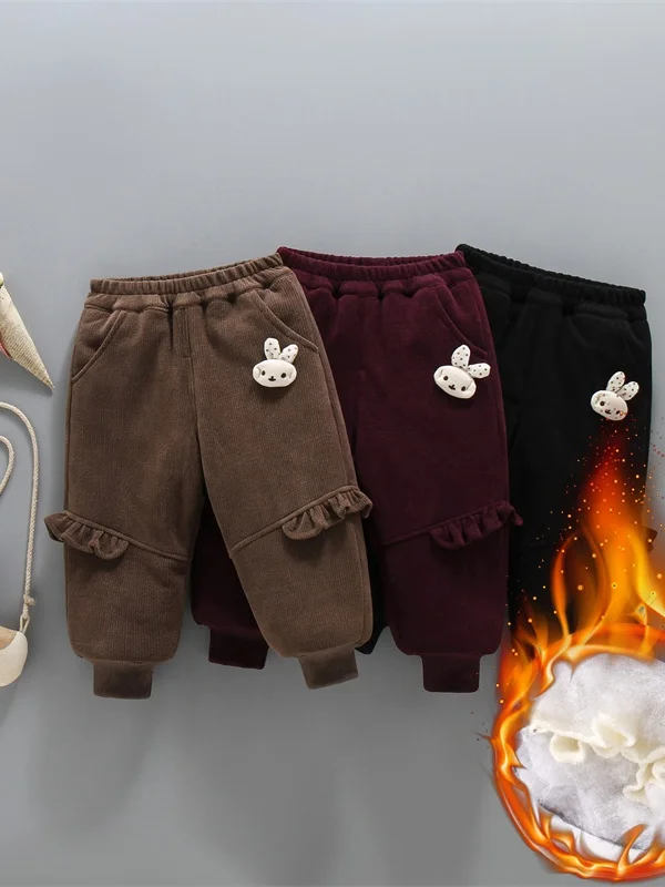 سراويل كاجوال مبطنة بالشتاء للفتيات، سراويل طويلة عالية الخصر، تصميم غير متماثل، مزيج قطني مريح للأطفال