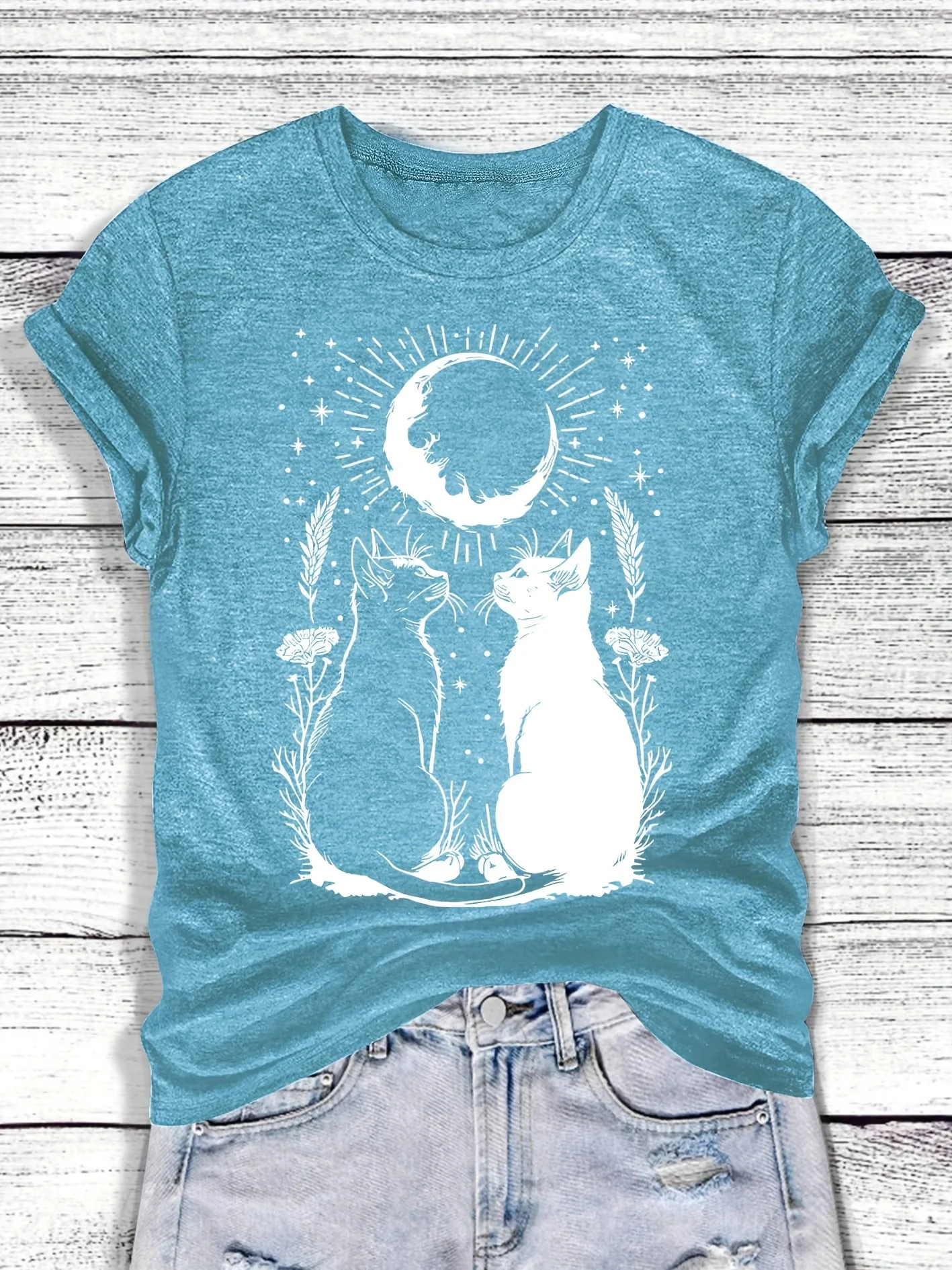 Vintage Moon Cat Floral Print Casual T Shirt Crew Neck Short Sleeve Tee For Women Summer Holiday Travel And Daily Outfits