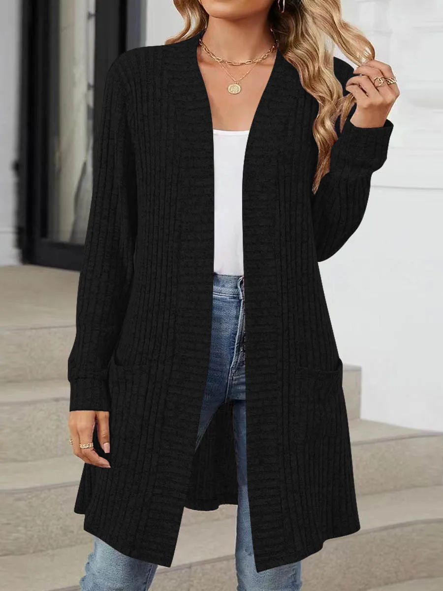 Autumn and winter long color long sleeved loose pocket cardigan jacket for women