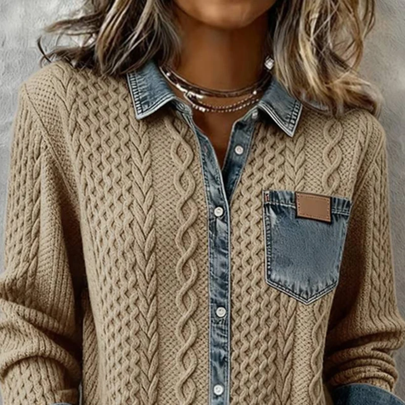 امرأة الموضة المرقعة محبوك سترة الخريف بدوره إلى أسفل طوق زر سترة الشتاء طويلة الأكمام تريكو قميص ملابس خارجية