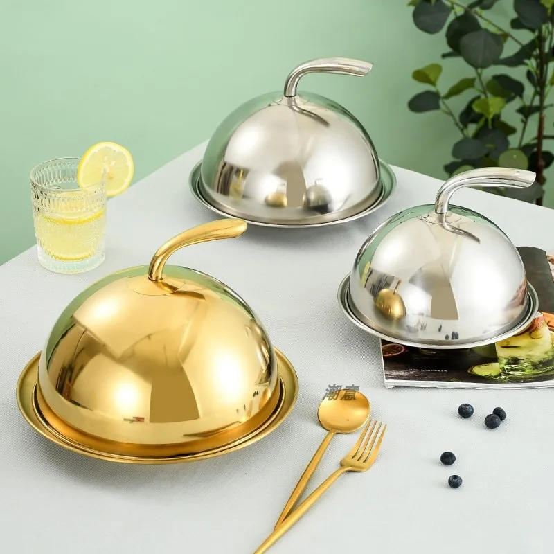 Gold-plated stainless steel Western food dim sum steak iron plate cover round curved top steak plate with high lid
