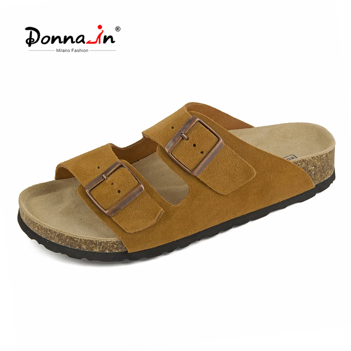 Donna-in Slippers Women Genuine Cow Suede Leather Metal Buckle Casual Flats Platform Ladies Shoes Solid Color Sandals Handmade