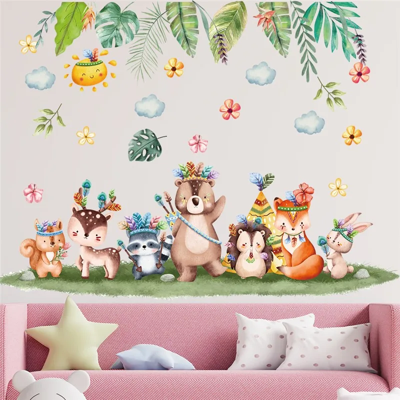 

Happy Animals Dancing Party Wall Stickers For Kids Bedroom Decoration Fox Rabbit Deer Bear Mural Art Diy Home Decals Pvc Poster