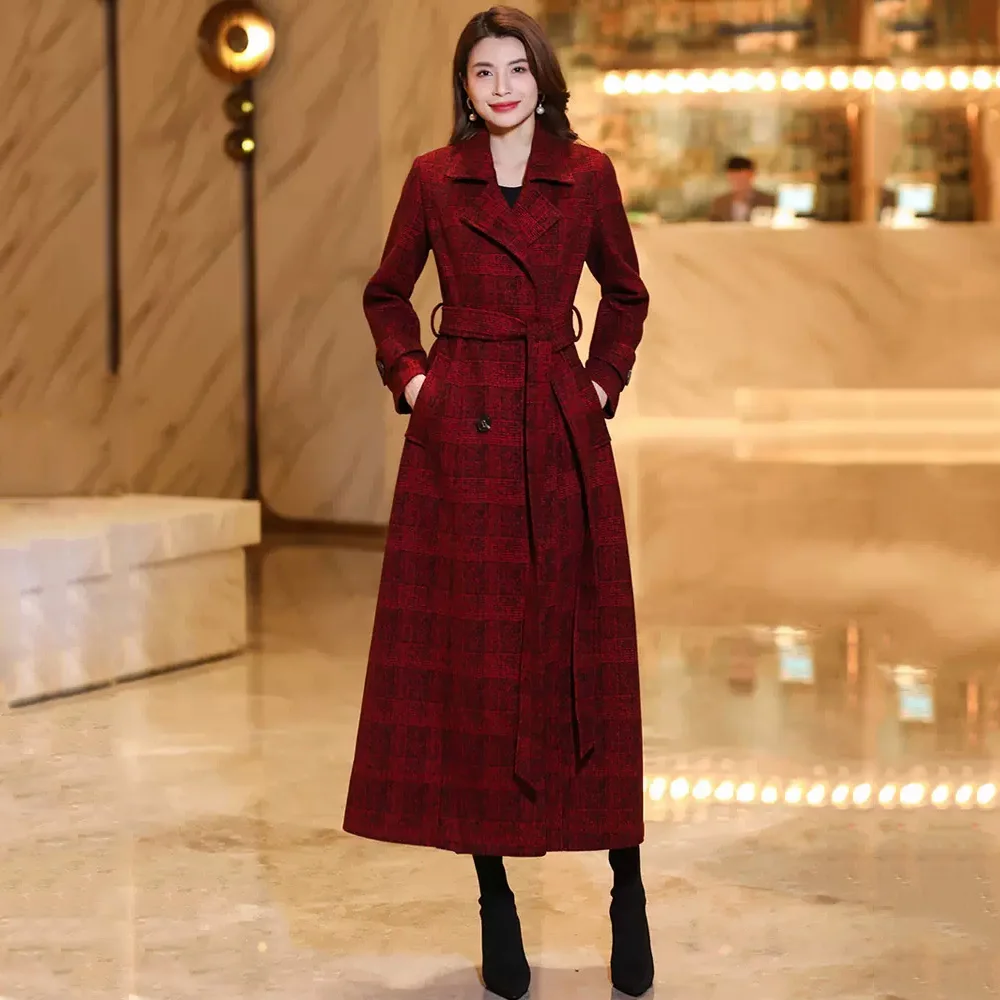 

New Women Red Plaid Woolen Overcoat Autumn Winter Fashion England Style Turn-down Collar Slim Overlength Wool Blended Coat