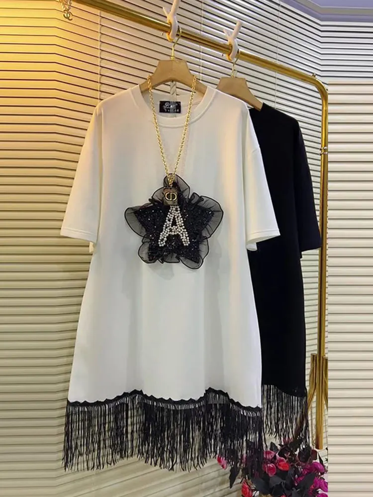 

Nail bead bright diamond star pattern tassel bottom short sleeved T-shirt skirt loose belly covering casual dress top