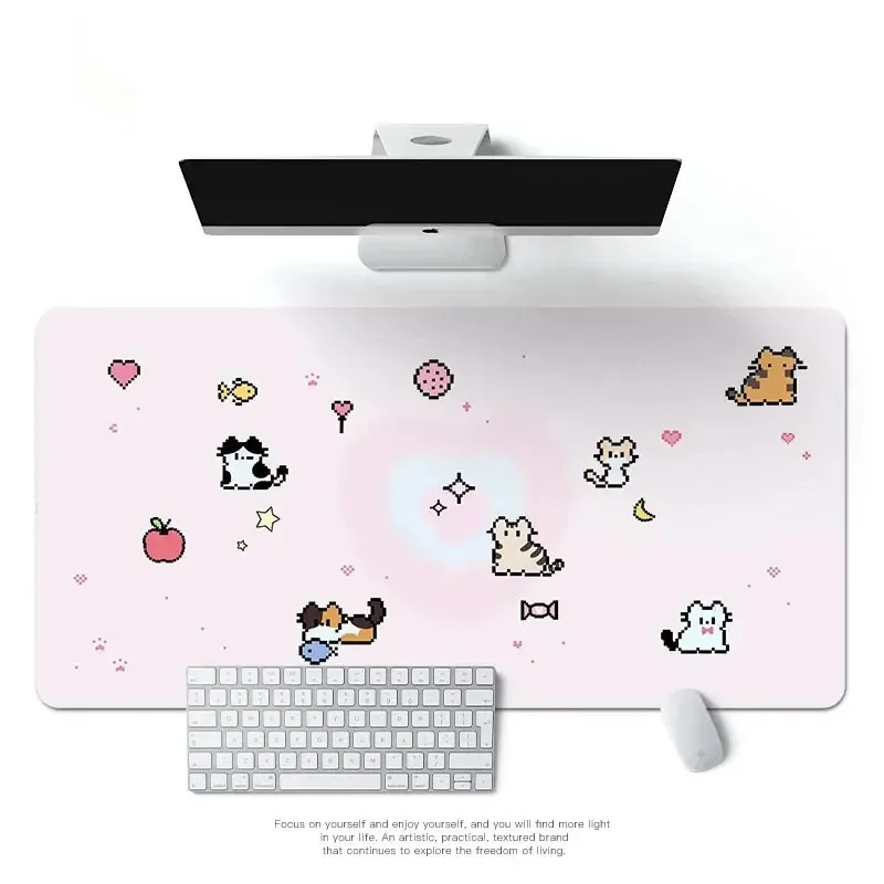 Cute Pixel Kitten Kawaii Cartoon Mousepad Large PU Leather Table Desk Mat Office Gamer Computer Speed Type Carpet Keyboard Pad