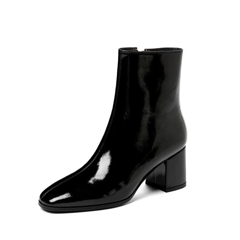 2026 New Autumn Winter Fashion Short Boots Side Zip Women Patent Leather Footwear Round Headed Solid Color High Boots Zapatos