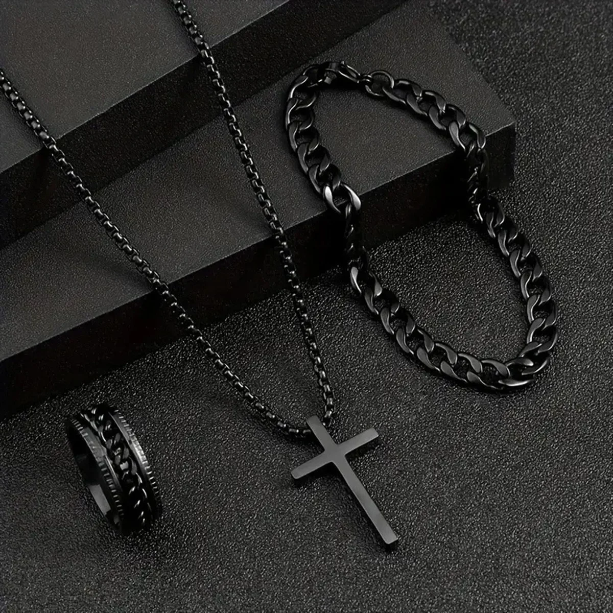 2024 Popular Black Cable Chain Bracelet Ring Metal Cross Pendant Necklace for Women Men Seaside Vacation Party Jewelry Gift Set