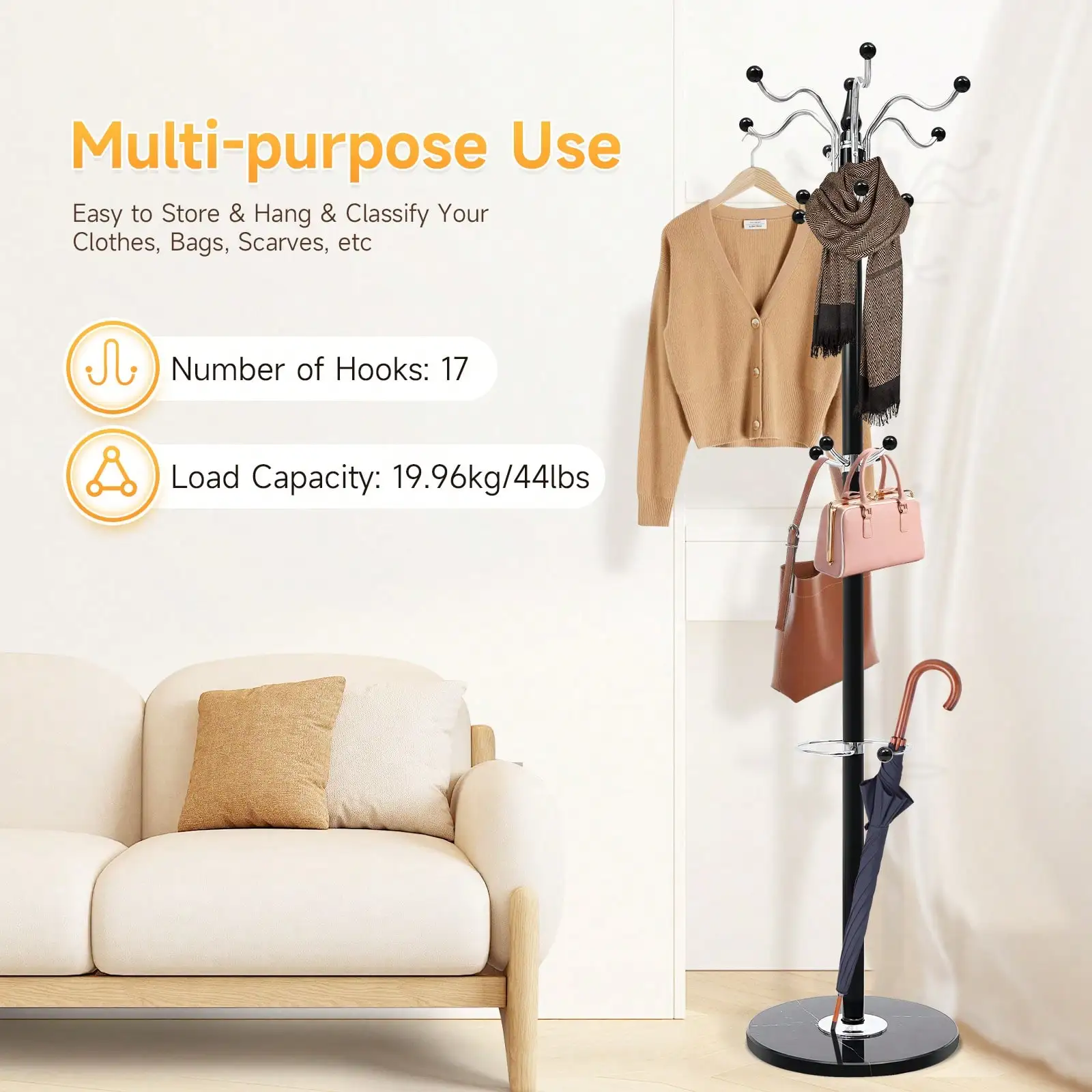 

Freestanding Coat Hat Rack 4-Layer 16 Hooks Metal Clothes Scarf Stand Umbrella Holder W/ Marble Base Black /White