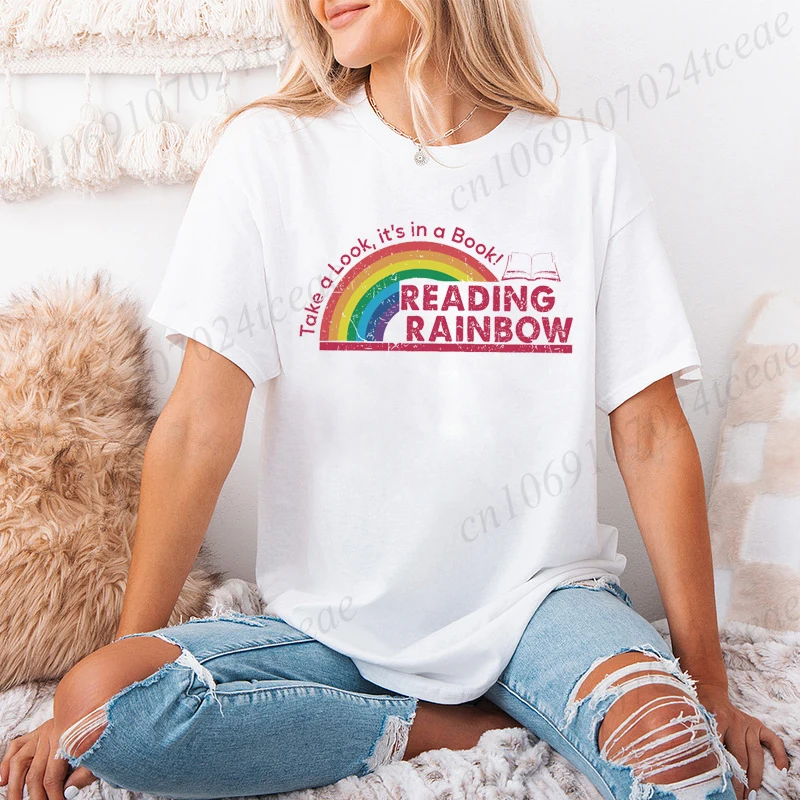 

Take A Look It's in A Book Women's T-shirt Casual Reading Rainbow Print Tshirt Comfortable Casual Women's Clothing Book Club Top