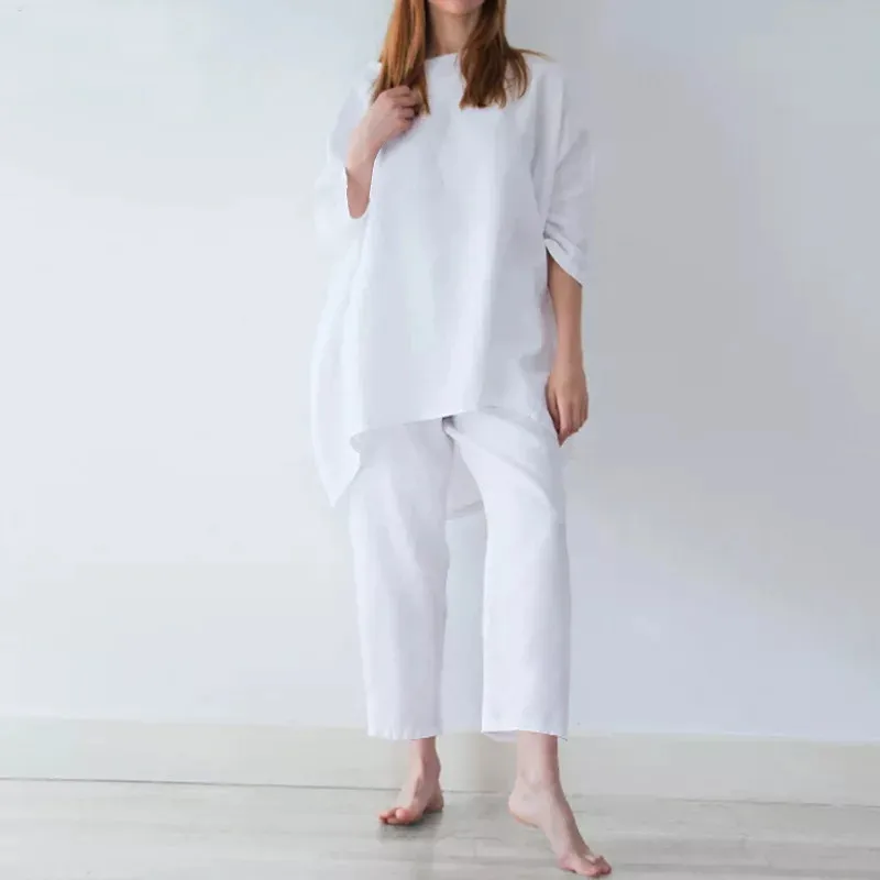 

Fashion Short Sleeve Blouse Wide Leg Trousers Suits Vintage Summer Pant Sets Two Piece Sets Womens Loose Tracksuit Outifits 2025