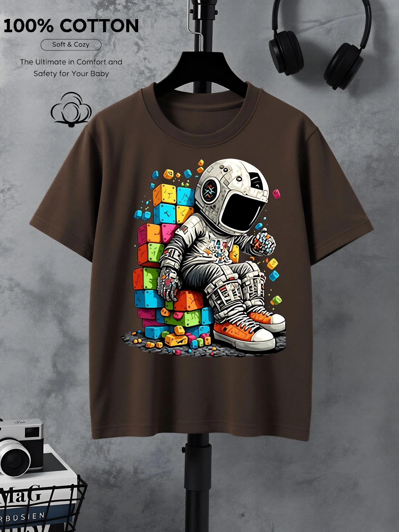 Colorful Building Blocks Space Machine Washing Cartoon  Shirts Men's and Women's Round Neck T-shirts  Parent-child Tops