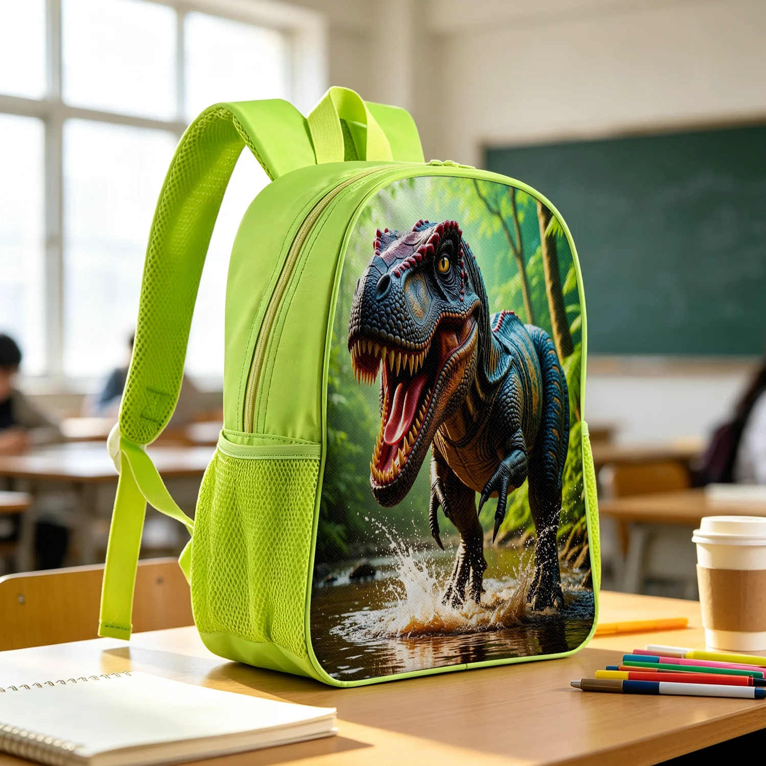 Bold Green Dinosaur T-Rex Backpack Lightweight School Bookbag with Jungle River Splash Print Adjustable Padded Straps