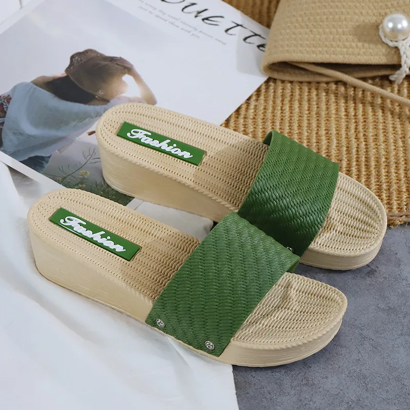 Wedge Heel Thick Bottom Fashion Casual One-word Slippers Comfortable Outer Wear Beach Shoes Imitation Woven Sandals Slippers