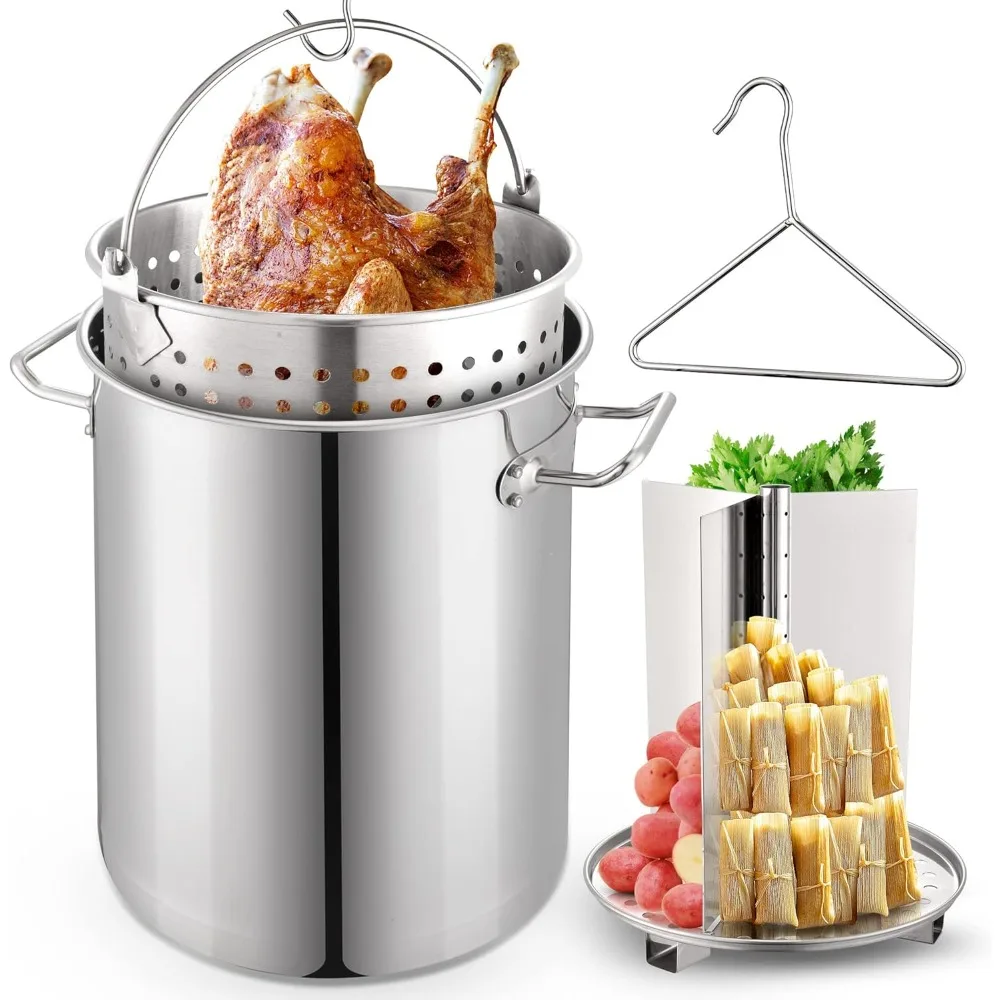 

Large Stainless Steel Stock Pot 6-Piece Set with Basket Steamer Rack for Seafood Boiling Crab Shrimp Lobster Turkey Frying