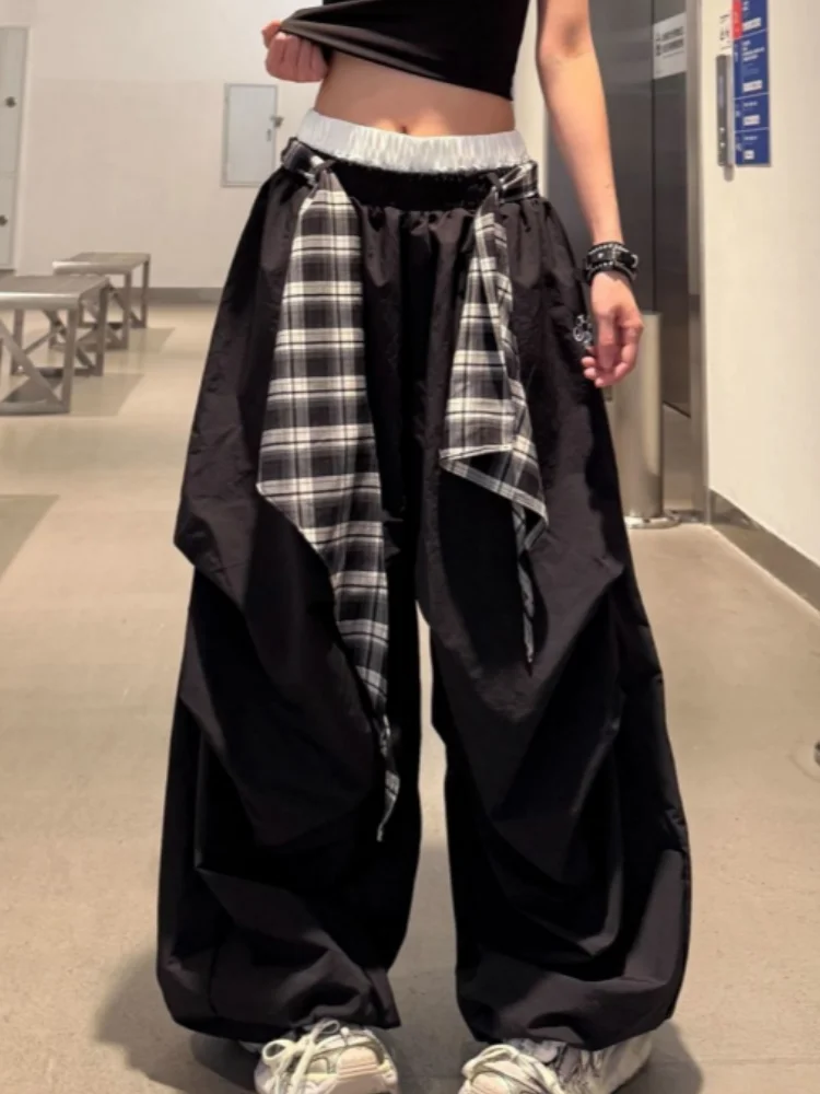 Women's Plaid Splicing Trousers Retro Y2k Paratrooper Cargo Wide Leg Pants Hip-hop Dance Floor Loose Baggy Pants Autumn Outfits