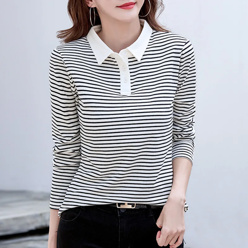 Korean Style Long Sleeve Polo Shirt Women Cotton Stretch Fashion Autumn Elegant Knitted Polo For Women Striped T-shirt