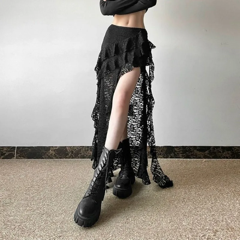 Gothic Punk Ruffled Patchwork Lace High Waist Skirts Y2k Women Design Irregular Long Skirt Streetwear Grunge Black Vintage Skirt