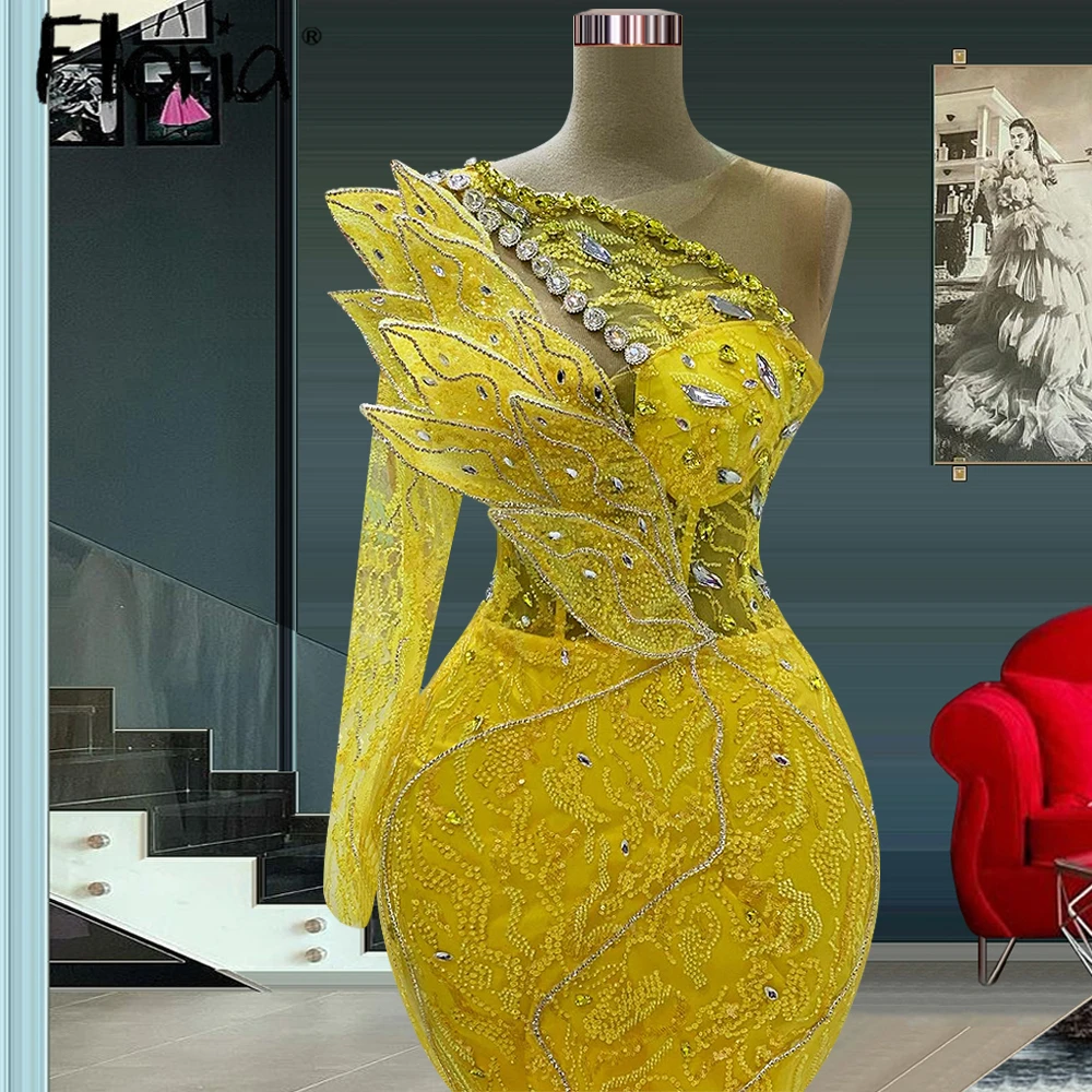 Chic Yellow Single Sleeve Fashion Party Dress Long Mermaid Beading Wedding Event Gowns Africa Formal Celebrity Gowns Outfit Robe