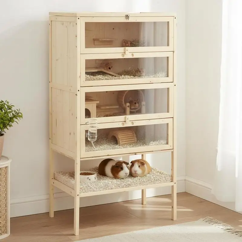 Käfig für Krecheltiere, Nagetiere, Meerschweinchen aus Massivholz mit Aufklappbarem Dach, 4 Verbundene Ebenen mit Rampe 60x40x120cm